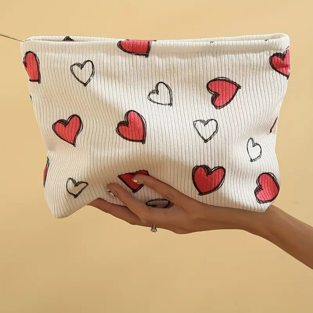 Red Heart Pattern Makeup Bag